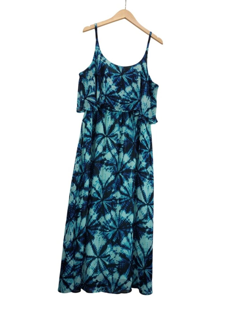 Sundress Spaghetti Straps Maxi Blue Tie-dye sz L by Christine Vaca Resort Hippie